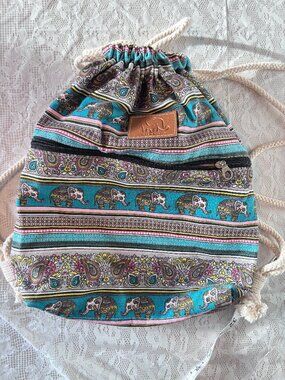 Boho Elephant Print Drawstring Backpack Blue Pink Canvas Rope Straps Thailand